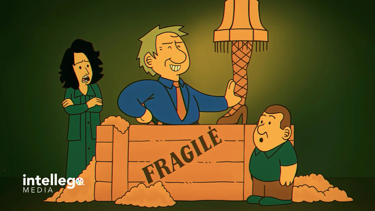 Cartoon illustration from the Fragile film depicting the Chickasha leg lamp story and small-town drama.