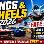 Wings and Wheels 2026 Chickasha airshow and car show with fighter jets flying overhead and classic muscle cars at Chickasha Municipal Airport Oklahoma