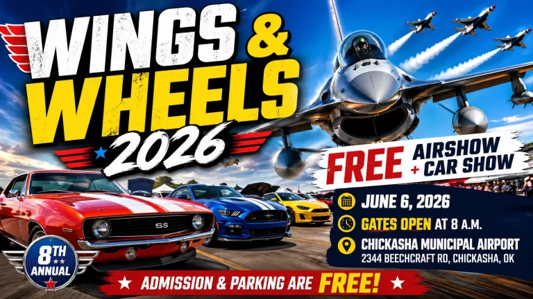 Wings and Wheels 2026 Chickasha airshow and car show with fighter jets flying overhead and classic muscle cars at Chickasha Municipal Airport Oklahoma